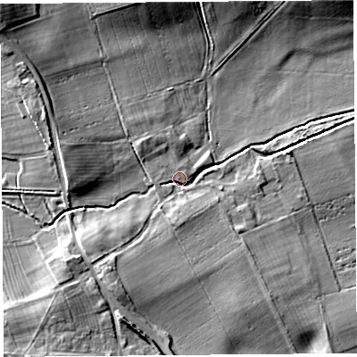 Shaded relief map of the ground around HR47AR, computed from Environment Agency LiDAR. The ground here sits at about 69 m above sea level and falls 15 m across the surrounding 800 m. Surface water reaching this point runs off ground lying to the north-west, 12.8 m higher.