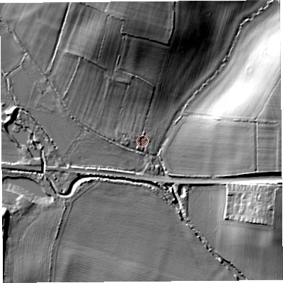 Shaded relief map of the ground around HR47AW, computed from Environment Agency LiDAR. The ground here sits at about 64 m above sea level and falls 18 m across the surrounding 800 m. Surface water reaching this point runs off ground lying to the north, 6.3 m higher.