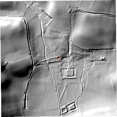 Shaded relief map of the ground around HR47AX, computed from Environment Agency LiDAR. The ground here sits at about 103 m above sea level and falls 48 m across the surrounding 800 m. Surface water reaching this point runs off ground lying to the north-north-east, 7.6 m higher.