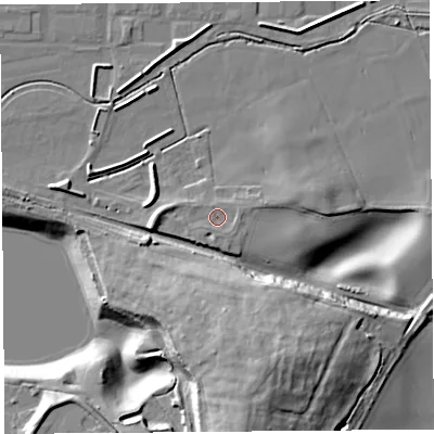 Shaded relief map of the ground around HR47AZ, computed from Environment Agency LiDAR. The ground here sits at about 73 m above sea level and falls 23 m across the surrounding 800 m. Surface water reaching this point runs off ground lying to the west, 4.0 m higher.