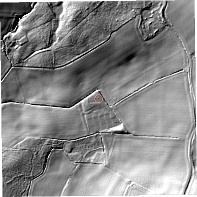 Shaded relief map of the ground around HR47BN, computed from Environment Agency LiDAR. The ground here sits at about 87 m above sea level and falls 29 m across the surrounding 800 m. Surface water reaching this point runs off ground lying to the east-south-east, 2.3 m higher.