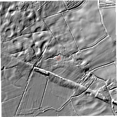 Shaded relief map of the ground around HR47BP, computed from Environment Agency LiDAR. The ground here sits at about 67 m above sea level and falls 22 m across the surrounding 800 m. Surface water reaching this point runs off ground lying to the east-south-east, 3.4 m higher.