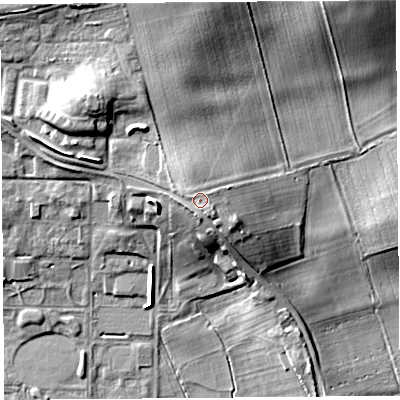 Shaded relief map of the ground around HR47DA, computed from Environment Agency LiDAR. The ground here sits at about 85 m above sea level and falls 18 m across the surrounding 800 m. Surface water reaching this point runs off ground lying to the south-east, 1.5 m higher.