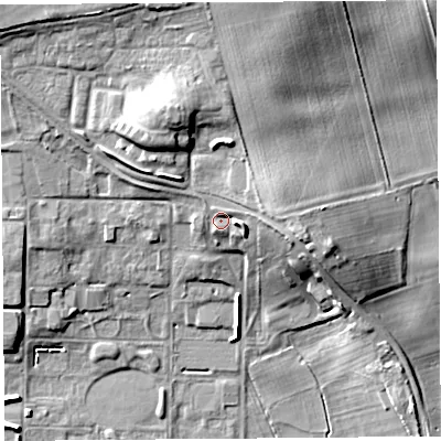 Shaded relief map of the ground around HR47DD, computed from Environment Agency LiDAR. The ground here sits at about 80 m above sea level and falls 18 m across the surrounding 800 m. Surface water reaching this point runs off ground lying to the east, 5.8 m higher.