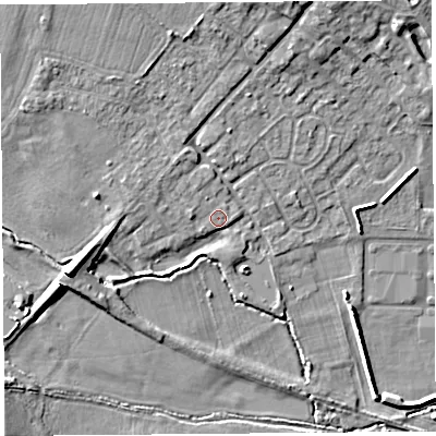 Shaded relief map of the ground around HR47EH, computed from Environment Agency LiDAR. The ground here sits at about 76 m above sea level and falls 10 m across the surrounding 800 m. Surface water reaching this point runs off ground lying to the west-south-west, 4.4 m higher.