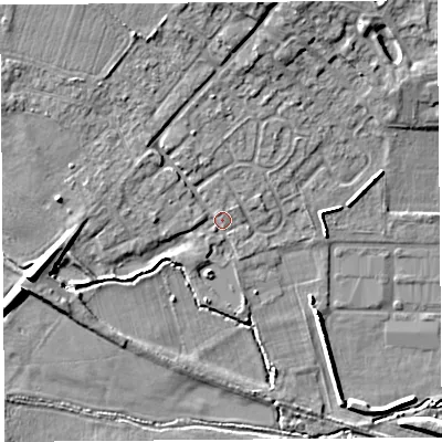 Shaded relief map of the ground around HR47EJ, computed from Environment Agency LiDAR. The ground here sits at about 75 m above sea level and falls 10 m across the surrounding 800 m. Surface water reaching this point runs off ground lying to the north, 6.9 m higher.
