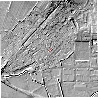 Shaded relief map of the ground around HR47EL, computed from Environment Agency LiDAR. The ground here sits at about 76 m above sea level and falls 15 m across the surrounding 800 m. Surface water reaching this point runs off ground lying to the north-north-west, 1.0 m higher.