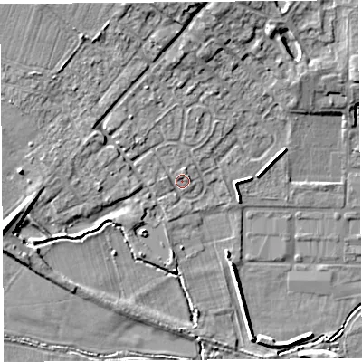 Shaded relief map of the ground around HR47EN, computed from Environment Agency LiDAR. The ground here sits at about 75 m above sea level and falls 11 m across the surrounding 800 m. Surface water reaching this point runs off ground lying to the north-north-west, 2.9 m higher.