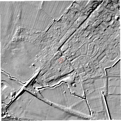 Shaded relief map of the ground around HR47EQ, computed from Environment Agency LiDAR. The ground here sits at about 76 m above sea level and falls 12 m across the surrounding 800 m. Surface water reaching this point runs off ground lying to the north-north-west, 1.1 m higher.