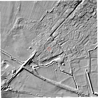 Shaded relief map of the ground around HR47ES, computed from Environment Agency LiDAR. The ground here sits at about 76 m above sea level and falls 10 m across the surrounding 800 m. Surface water reaching this point runs off ground lying to the north-north-west, 2.3 m higher.