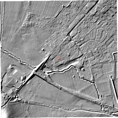 Shaded relief map of the ground around HR47ET, computed from Environment Agency LiDAR. The ground here sits at about 76 m above sea level and falls 14 m across the surrounding 800 m. Surface water reaching this point runs off ground lying to the north, 0.8 m higher.