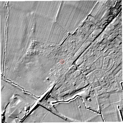 Shaded relief map of the ground around HR47EU, computed from Environment Agency LiDAR. The ground here sits at about 77 m above sea level and falls 15 m across the surrounding 800 m. Surface water reaching this point runs off ground lying to the north, 1.8 m higher.