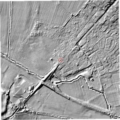 Shaded relief map of the ground around HR47EY, computed from Environment Agency LiDAR. The ground here sits at about 77 m above sea level and falls 13 m across the surrounding 800 m. The ground contributing surface water to this point lies to the south-south-west.