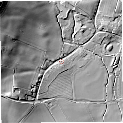 Shaded relief map of the ground around HR47HQ, computed from Environment Agency LiDAR. The ground here sits at about 99 m above sea level and falls 53 m across the surrounding 800 m. Surface water reaching this point runs off ground lying to the north-west, 34.2 m higher.