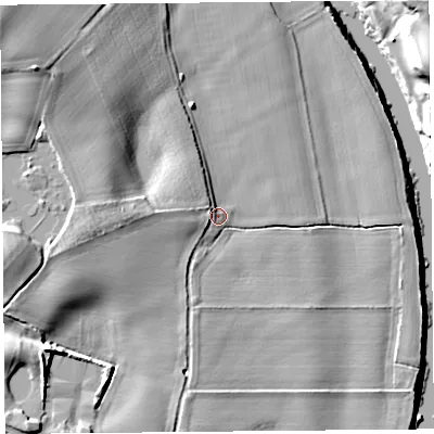Shaded relief map of the ground around HR47JJ, computed from Environment Agency LiDAR. The ground here sits at about 59 m above sea level and falls 17 m across the surrounding 800 m. Surface water reaching this point runs off ground lying to the west, 2.4 m higher.