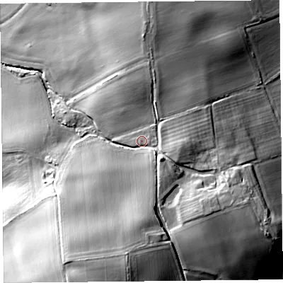 Shaded relief map of the ground around HR47LN, computed from Environment Agency LiDAR. The ground here sits at about 98 m above sea level and falls 27 m across the surrounding 800 m. Surface water reaching this point runs off ground lying to the south, 12.6 m higher.