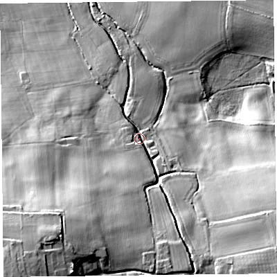 Shaded relief map of the ground around HR47LP, computed from Environment Agency LiDAR. The ground here sits at about 79 m above sea level and falls 38 m across the surrounding 800 m. Surface water reaching this point runs off ground lying to the south-south-west, 20.3 m higher.