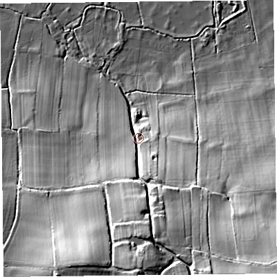 Shaded relief map of the ground around HR47NB, computed from Environment Agency LiDAR. The ground here sits at about 72 m above sea level and falls 35 m across the surrounding 800 m. Surface water reaching this point runs off ground lying to the south, 27.2 m higher.