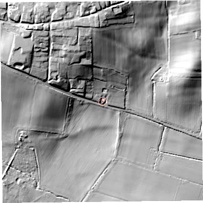 Shaded relief map of the ground around HR47NG, computed from Environment Agency LiDAR. The ground here sits at about 74 m above sea level and falls 36 m across the surrounding 800 m. Surface water reaching this point runs off ground lying to the north, 29.9 m higher.