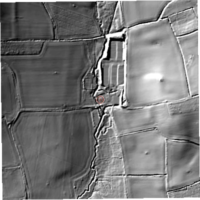 Shaded relief map of the ground around HR47NJ, computed from Environment Agency LiDAR. The ground here sits at about 72 m above sea level and falls 30 m across the surrounding 800 m. Surface water reaching this point runs off ground lying to the east, 27.0 m higher.