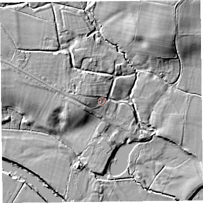 Shaded relief map of the ground around HR47NL, computed from Environment Agency LiDAR. The ground here sits at about 63 m above sea level and falls 14 m across the surrounding 800 m. Surface water reaching this point runs off ground lying to the west-north-west, 4.3 m higher.