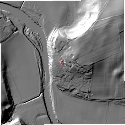 Shaded relief map of the ground around HR47PR, computed from Environment Agency LiDAR. The ground here sits at about 73 m above sea level and falls 61 m across the surrounding 800 m. Surface water reaching this point runs off ground lying to the east-north-east, 13.4 m higher.
