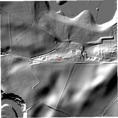 Shaded relief map of the ground around HR47QE, computed from Environment Agency LiDAR. The ground here sits at about 76 m above sea level and falls 37 m across the surrounding 800 m. Surface water reaching this point runs off ground lying to the south-south-east, 3.7 m higher.