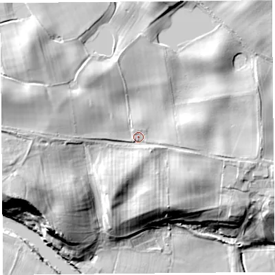 Shaded relief map of the ground around HR47QF, computed from Environment Agency LiDAR. The ground here sits at about 74 m above sea level and falls 33 m across the surrounding 800 m. Surface water reaching this point runs off ground lying to the north-west, 10.7 m higher.