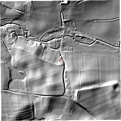 Shaded relief map of the ground around HR47QJ, computed from Environment Agency LiDAR. The ground here sits at about 82 m above sea level and falls 17 m across the surrounding 800 m. Surface water reaching this point runs off ground lying to the south-south-west, 10.8 m higher.
