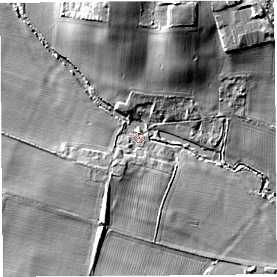 Shaded relief map of the ground around HR47RA, computed from Environment Agency LiDAR. The ground here sits at about 61 m above sea level and falls 15 m across the surrounding 800 m. Surface water reaching this point runs off ground lying to the south-west, 4.2 m higher.