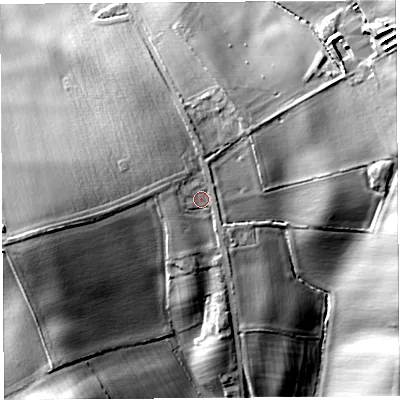 Shaded relief map of the ground around HR48AA, computed from Environment Agency LiDAR. The ground here sits at about 100 m above sea level and falls 26 m across the surrounding 800 m. Surface water reaching this point runs off ground lying to the west, 8.5 m higher.