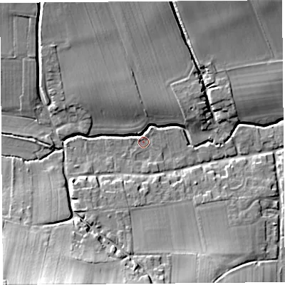 Shaded relief map of the ground around HR48AQ, computed from Environment Agency LiDAR. The ground here sits at about 62 m above sea level and falls 26 m across the surrounding 800 m. Surface water reaching this point runs off ground lying to the south-west, 24.7 m higher.