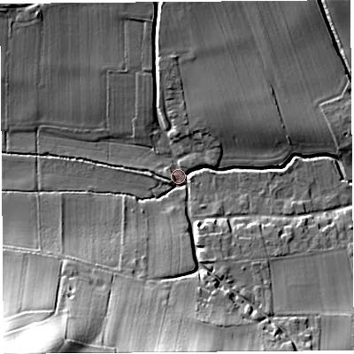 Shaded relief map of the ground around HR48AR, computed from Environment Agency LiDAR. The ground here sits at about 63 m above sea level and falls 42 m across the surrounding 800 m. Surface water reaching this point runs off ground lying to the south-west, 41.0 m higher.