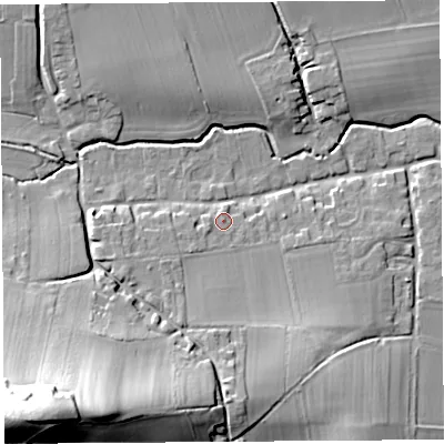 Shaded relief map of the ground around HR48AT, computed from Environment Agency LiDAR. The ground here sits at about 65 m above sea level and falls 45 m across the surrounding 800 m. Surface water reaching this point runs off ground lying to the west-south-west, 1.5 m higher.