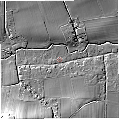 Shaded relief map of the ground around HR48AX, computed from Environment Agency LiDAR. The ground here sits at about 62 m above sea level and falls 40 m across the surrounding 800 m. Surface water reaching this point runs off ground lying to the south-west, 6.0 m higher.