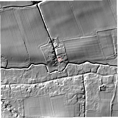Shaded relief map of the ground around HR48AY, computed from Environment Agency LiDAR. The ground here sits at about 63 m above sea level and falls 14 m across the surrounding 800 m. Surface water reaching this point runs off ground lying to the north-north-west, 11.1 m higher.