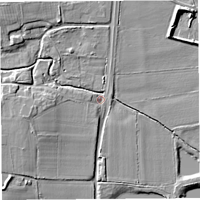 Shaded relief map of the ground around HR48BA, computed from Environment Agency LiDAR. The ground here sits at about 58 m above sea level and falls 9 m across the surrounding 800 m. Surface water reaching this point runs off ground lying to the north-west, 7.4 m higher.