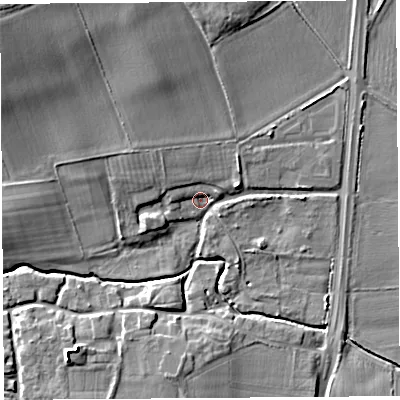 Shaded relief map of the ground around HR48BB, computed from Environment Agency LiDAR. The ground here sits at about 60 m above sea level and falls 16 m across the surrounding 800 m. Surface water reaching this point runs off ground lying to the west-north-west, 1.9 m higher.