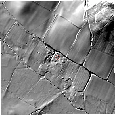 Shaded relief map of the ground around HR48BG, computed from Environment Agency LiDAR. The ground here sits at about 74 m above sea level and falls 99 m across the surrounding 800 m. Surface water reaching this point runs off ground lying to the east, 3.1 m higher.
