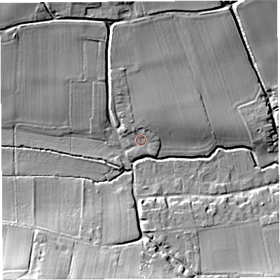 Shaded relief map of the ground around HR48BW, computed from Environment Agency LiDAR. The ground here sits at about 64 m above sea level and falls 25 m across the surrounding 800 m. Surface water reaching this point runs off ground lying to the north-north-east, 3.4 m higher.
