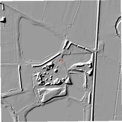 Shaded relief map of the ground around HR48BY, computed from Environment Agency LiDAR. The ground here sits at about 56 m above sea level and falls 11 m across the surrounding 800 m. Surface water reaching this point runs off ground lying to the east, 8.4 m higher.