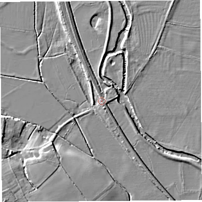Shaded relief map of the ground around HR48DH, computed from Environment Agency LiDAR. The ground here sits at about 55 m above sea level and falls 8 m across the surrounding 800 m. Surface water reaching this point runs off ground lying to the north-north-west, 1.8 m higher.