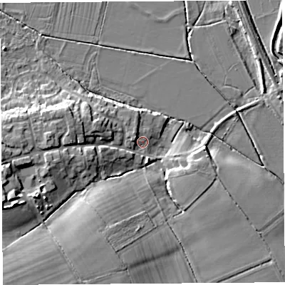 Shaded relief map of the ground around HR48DQ, computed from Environment Agency LiDAR. The ground here sits at about 56 m above sea level and falls 12 m across the surrounding 800 m. Surface water reaching this point runs off ground lying to the west, 8.2 m higher.
