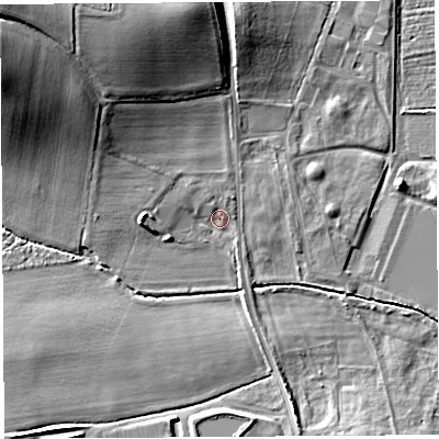 Shaded relief map of the ground around HR48DR, computed from Environment Agency LiDAR. The ground here sits at about 57 m above sea level and falls 17 m across the surrounding 800 m. Surface water reaching this point runs off ground lying to the north-west, 15.1 m higher.