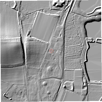 Shaded relief map of the ground around HR48DS, computed from Environment Agency LiDAR. The ground here sits at about 57 m above sea level and falls 16 m across the surrounding 800 m. Surface water reaching this point runs off ground lying to the south-west, 1.2 m higher.