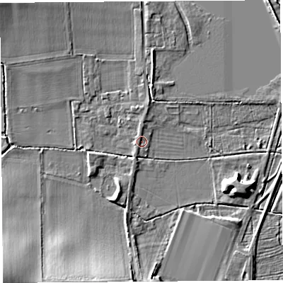 Shaded relief map of the ground around HR48DT, computed from Environment Agency LiDAR. The ground here sits at about 56 m above sea level and falls 16 m across the surrounding 800 m. Surface water reaching this point runs off ground lying to the south-west, 15.1 m higher.