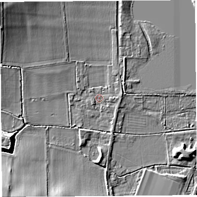 Shaded relief map of the ground around HR48DU, computed from Environment Agency LiDAR. The ground here sits at about 56 m above sea level and falls 13 m across the surrounding 800 m. Surface water reaching this point runs off ground lying to the south-west, 12.0 m higher.