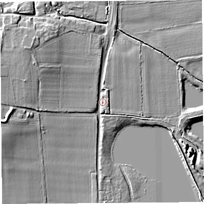 Shaded relief map of the ground around HR48DX, computed from Environment Agency LiDAR. The ground here sits at about 58 m above sea level and falls 8 m across the surrounding 800 m. Surface water reaching this point runs off ground lying to the north-west, 6.6 m higher.