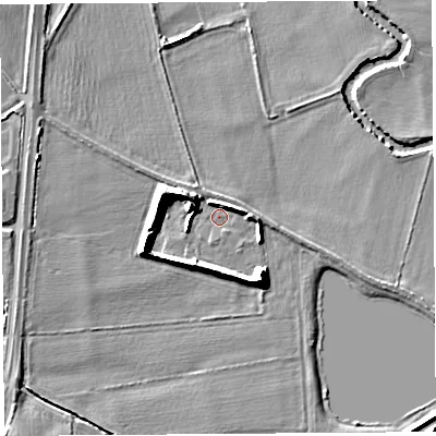 Shaded relief map of the ground around HR48DZ, computed from Environment Agency LiDAR. The ground here sits at about 57 m above sea level and falls 10 m across the surrounding 800 m. Surface water reaching this point runs off ground lying to the south-south-east, 0.5 m higher.
