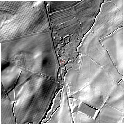 Shaded relief map of the ground around HR48ER, computed from Environment Agency LiDAR. The ground here sits at about 91 m above sea level and falls 23 m across the surrounding 800 m. Surface water reaching this point runs off ground lying to the west, 6.2 m higher.